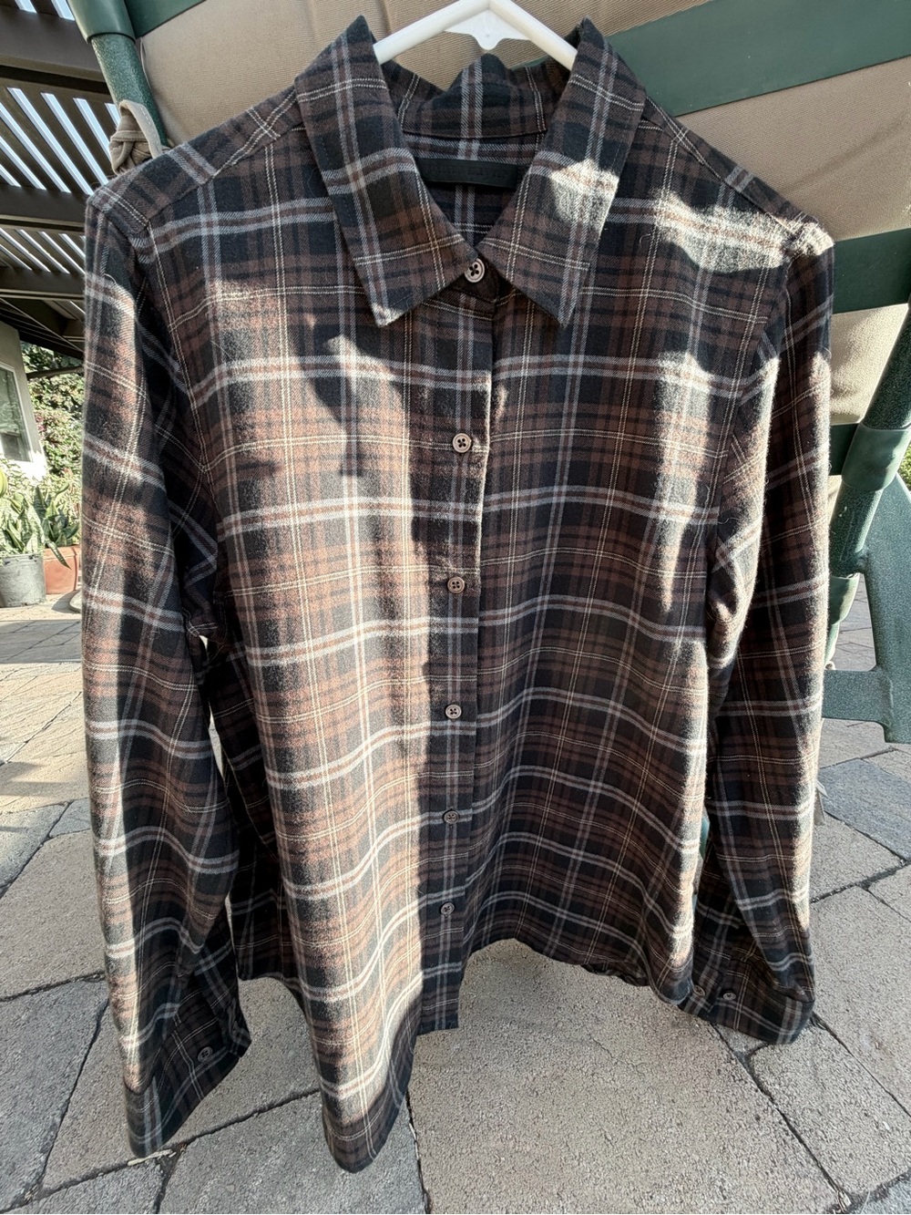 Jenni Kayne woman’s cotton Plaid Button-Down Shirt in Brown and Black